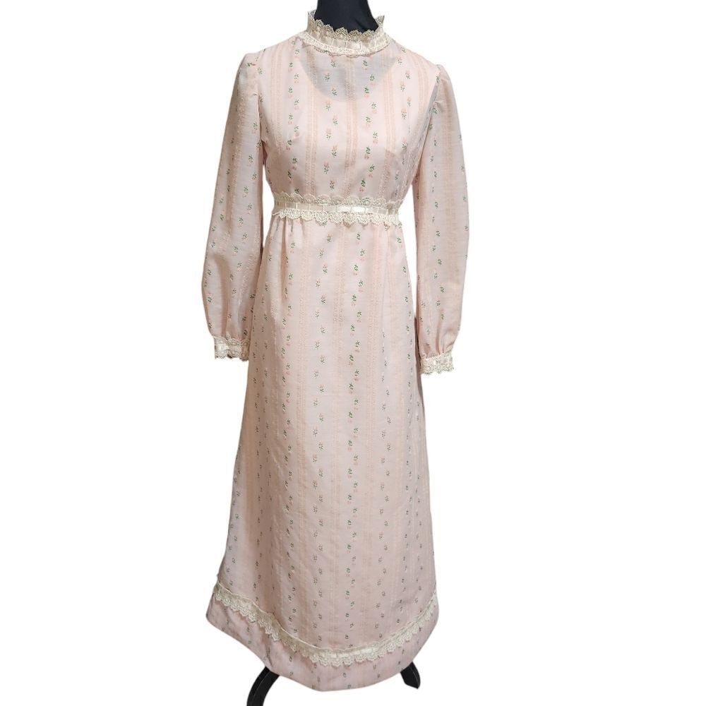 Vintage Handmade Nightgown Dress S Pink Floral Stripe Half Zip Lace Trim